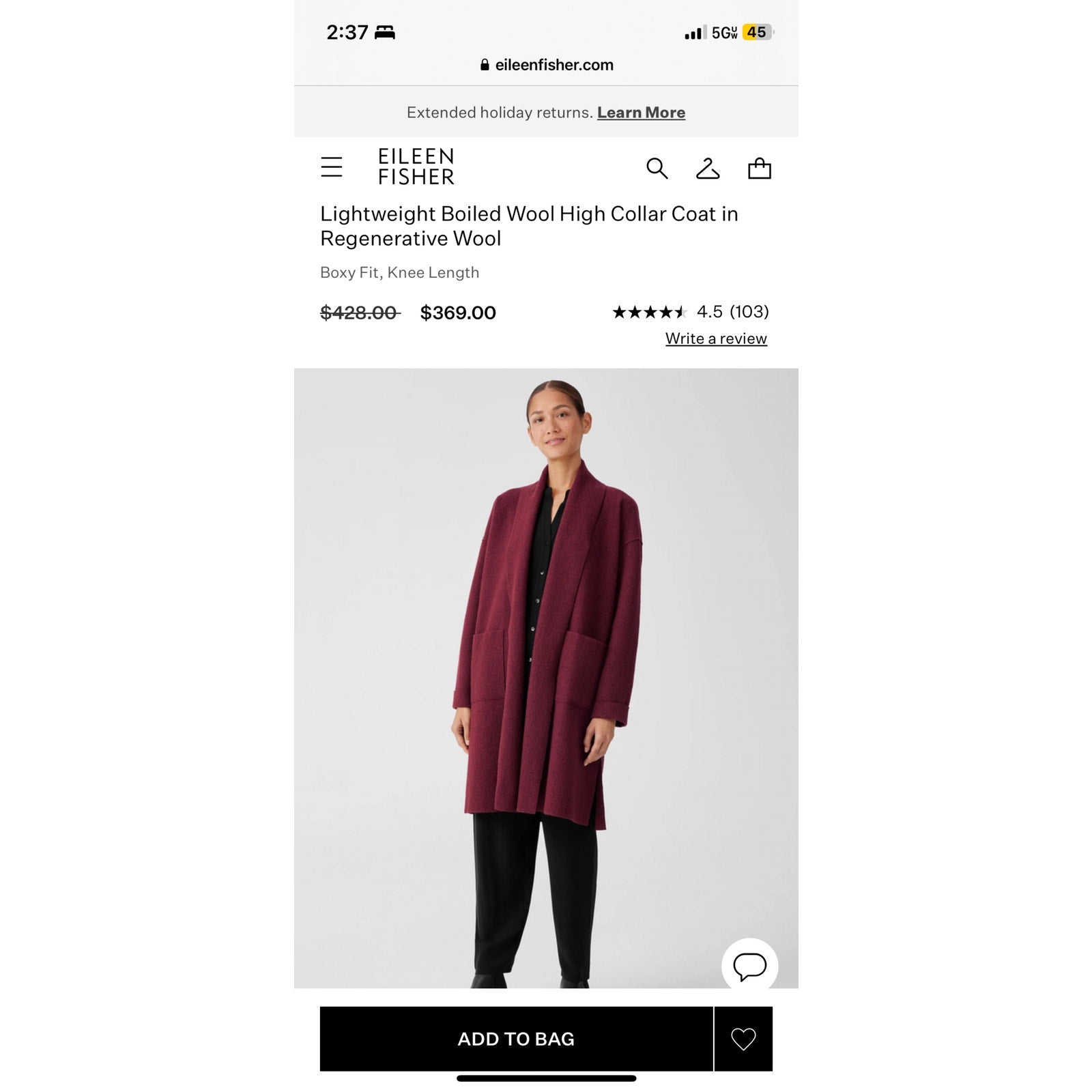 Eileen Fisher Lightweight Boiled Wool High Collar Plum Cardigan
