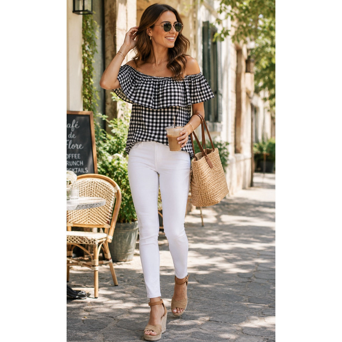 Sanctuary Off Shoulder MinimalistGingham Checkered  Blouse