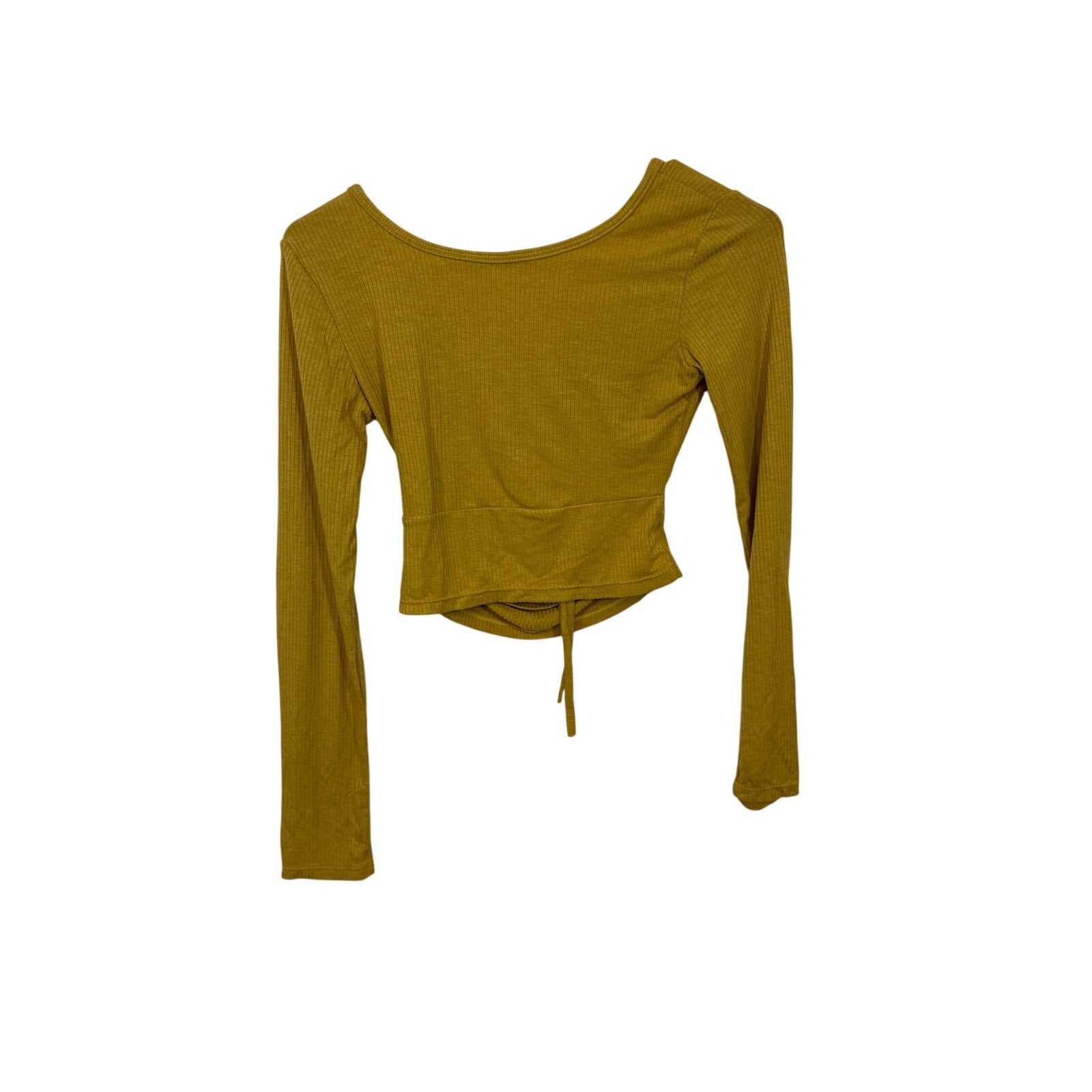 Olive Mustard Ribbed Knit Cutout Crop Top Ruched Front Small Concert Festival