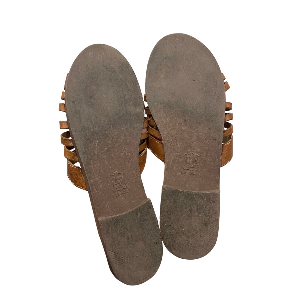 Santorini Leather Strappy Tan Neutral Preppy Minimalist 7.5 Sandals Slides EUC