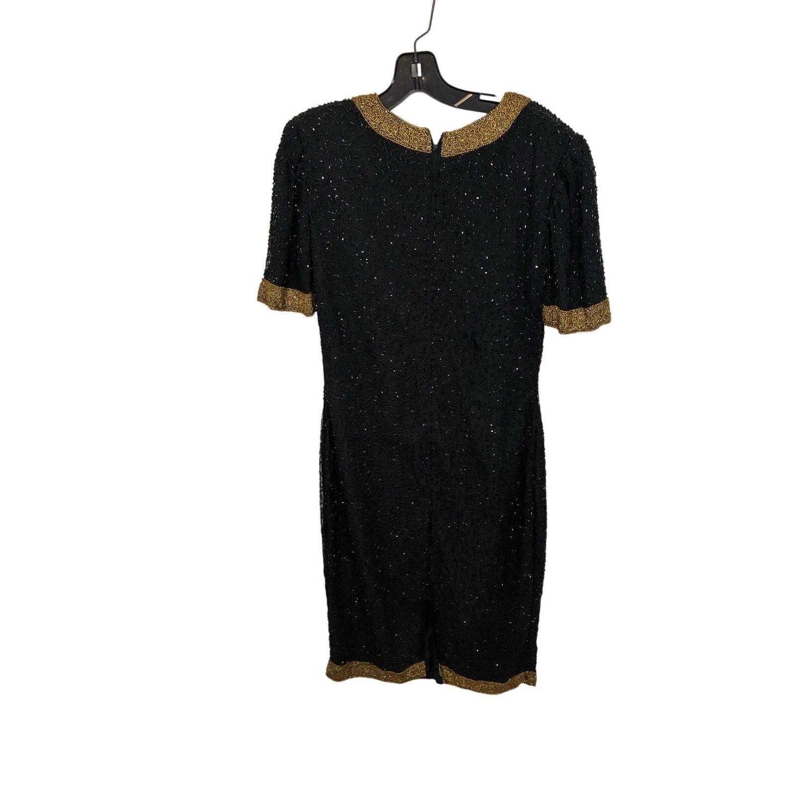 Laurence kazar Evening Dress 100% Silk Black Beading Knee Length S Vintage