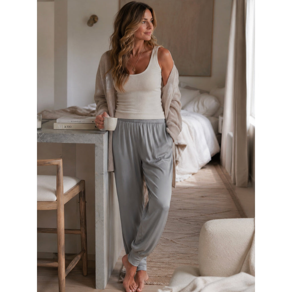 NWT Michael Stars S LIDIA RELAXED JOGGER SATIN KNIT MIX Gray Loungewear Romantic