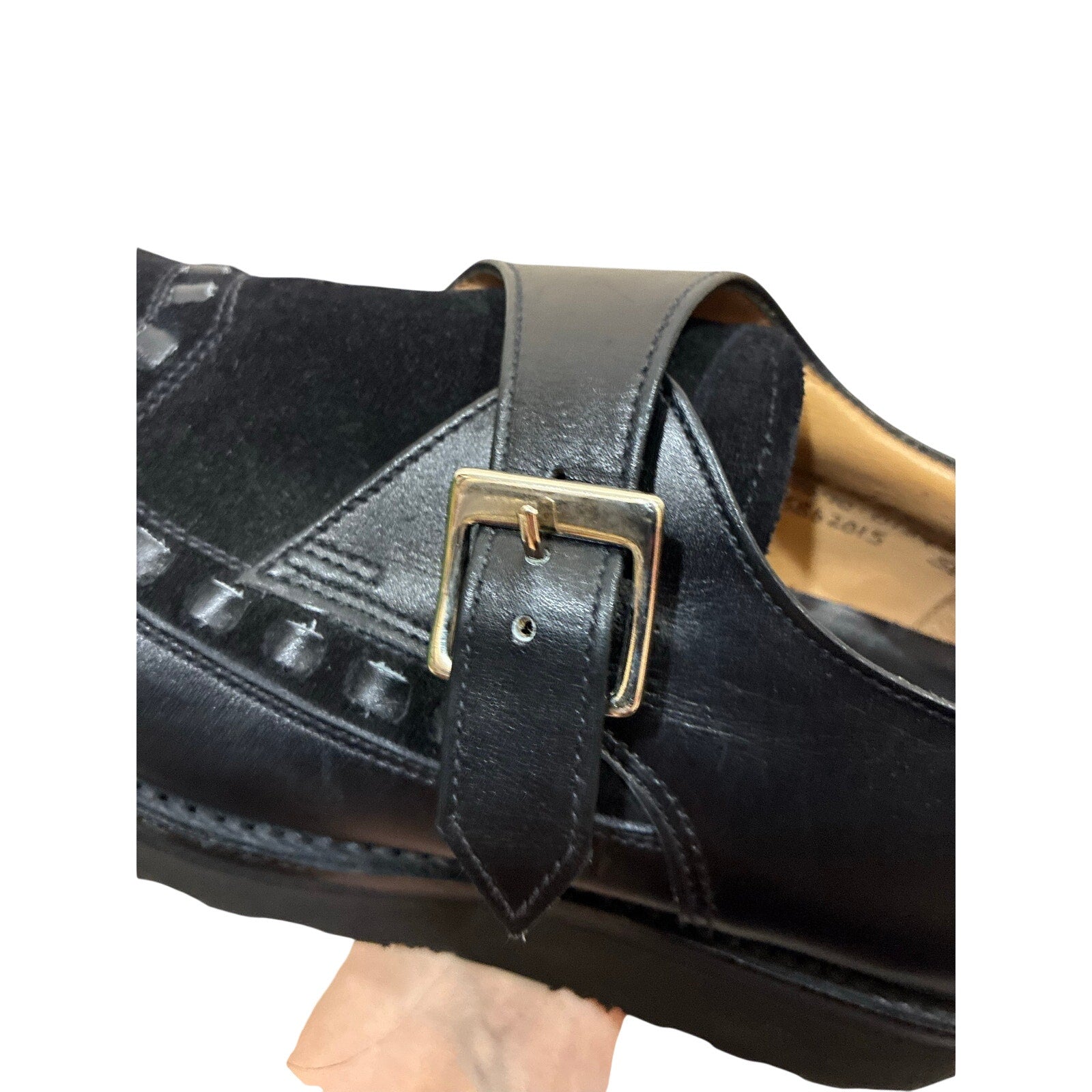 Grenson Black Leather Monk Strap Loafers Women US 7.5 UK 5 Made England Lug Sole