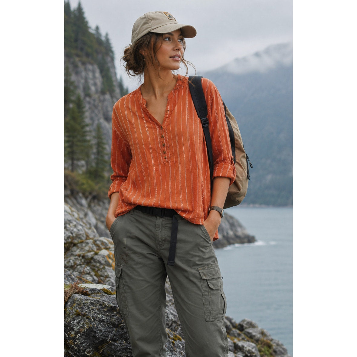 LL Bean Womens Shirt Stripe Soft Textured Orange Coastal Western S Cotton Basic