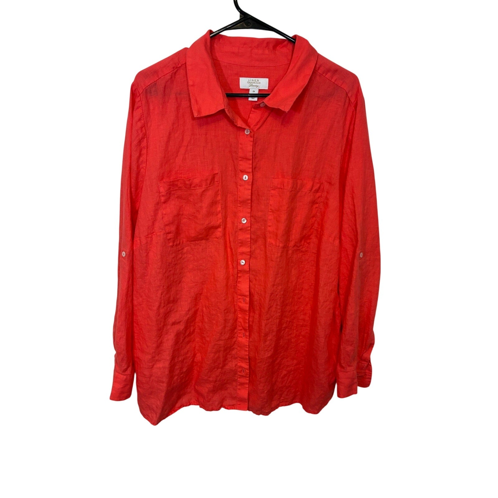 Charter Club Women’s Orange Peach Top Button Up 100% Linen Roll Tab Sleeve 2X