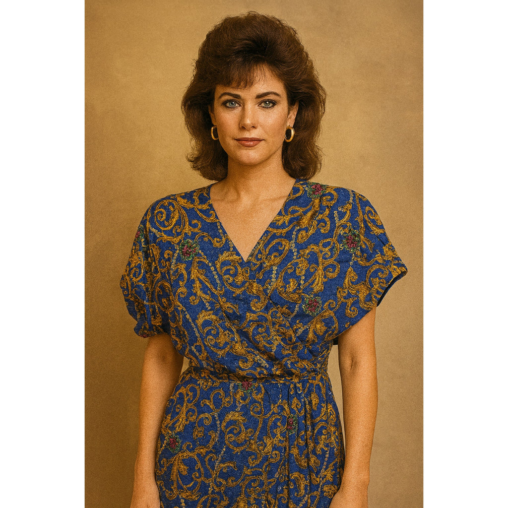 Vintage Silk Patterned Blue Front Tie Wrap Dress Retro Swing Women Midi