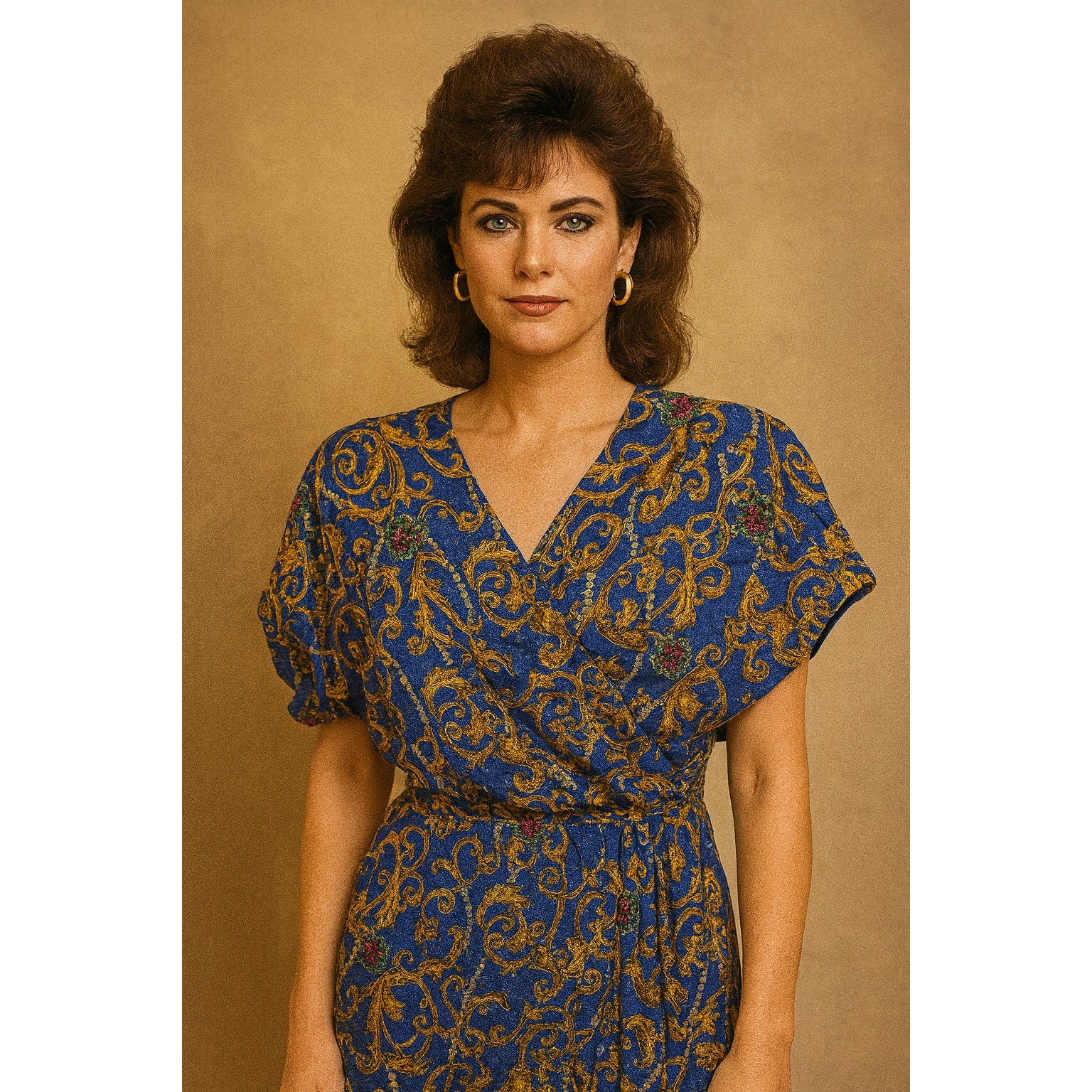 Vintage Silk Patterned Blue Front Tie Wrap Dress Retro Swing Women Midi