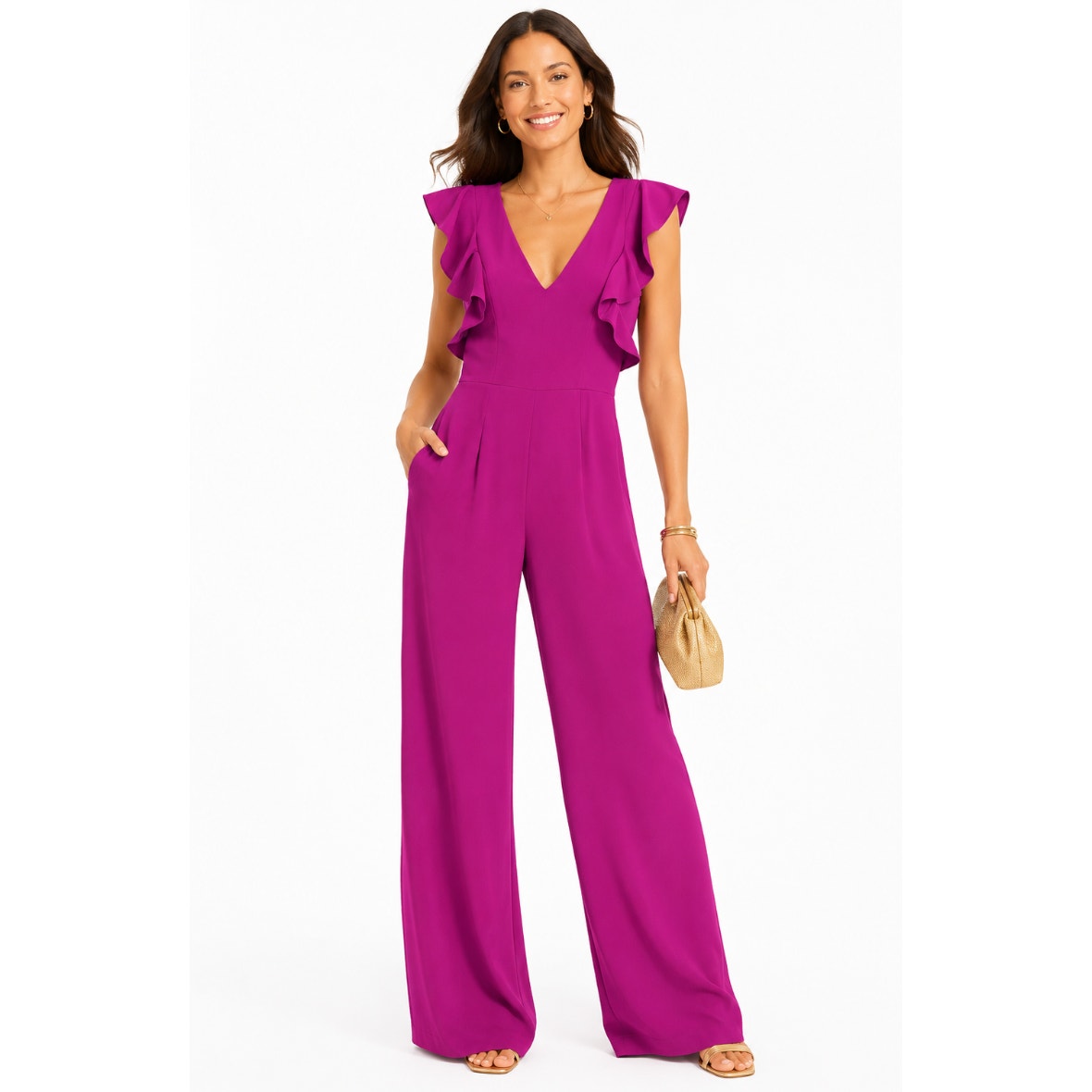 Lilly Pulitzer Magenta Ruffle Sleeve Wide Leg Jumpsuit Resort Vacation Glam S