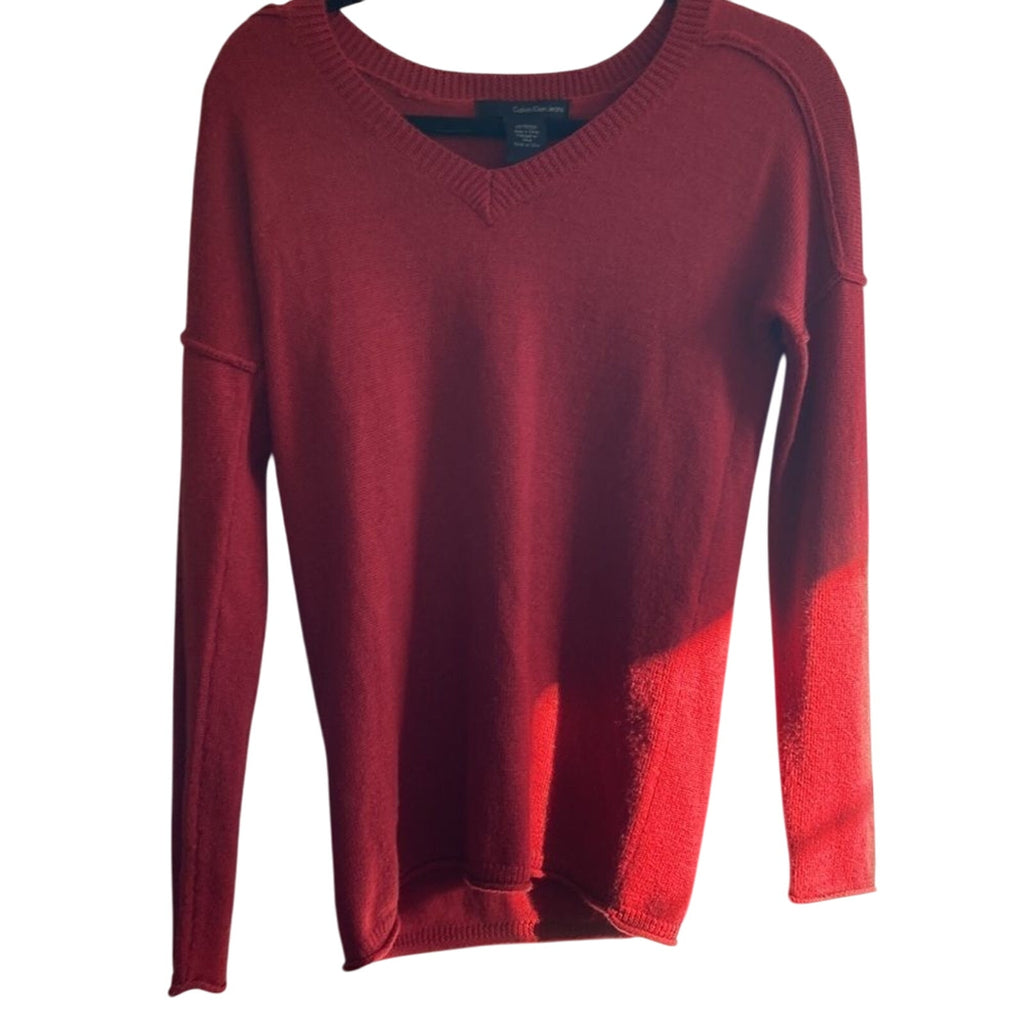 Calvin Klein Jeans V Neck Marino Wool Sweater Women's Pullover Basic Preppy XS