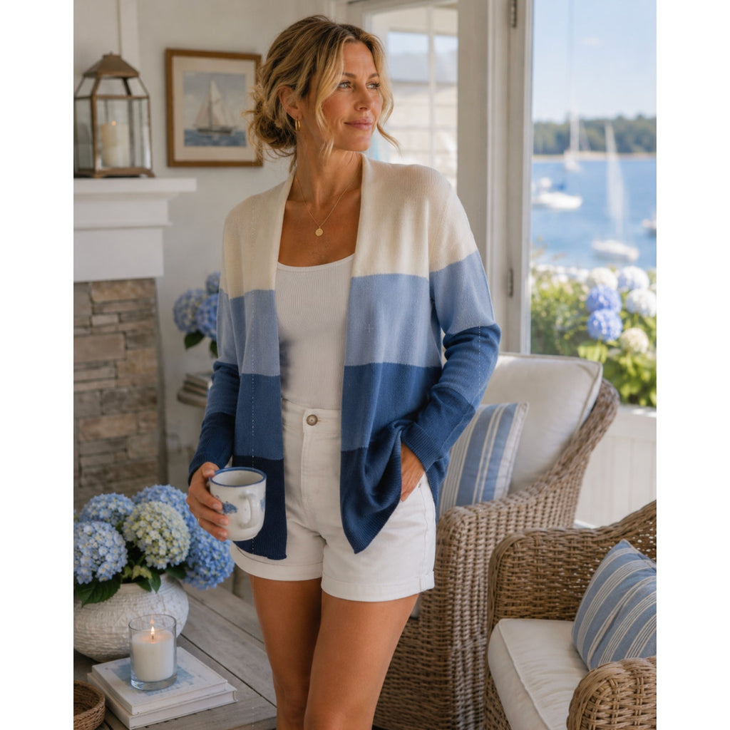 CONTACT COLOR BLOCK STRIPED MONOCHROMATIC BLUE CARDIGAN Preppy Coastal Grandma