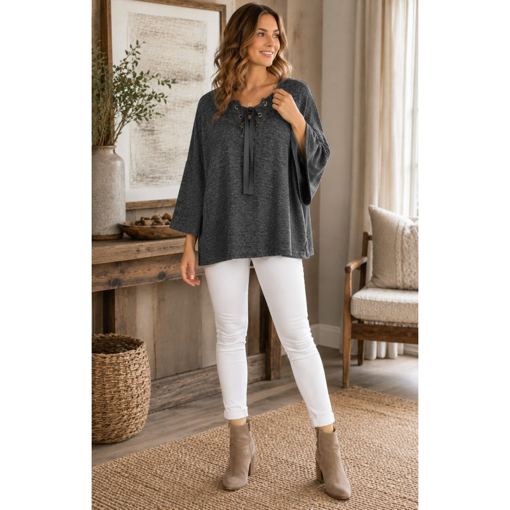 Umgee Tie Front Bell Sleeve Grey Sweater Lagenlook Slouchy Comfy Oversized Top M