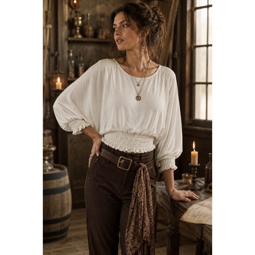 Coco Bianco White Boho Piratecore Peasant Blouse Smocked Waist Top L