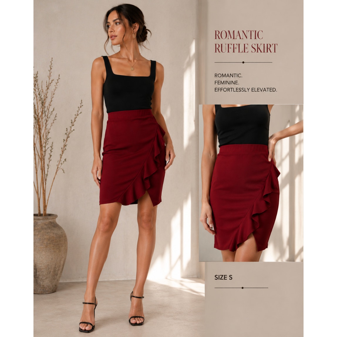 Windsor Burgundy Ruffle Wrap Bodycon Skirt Date Night Clubwear XS