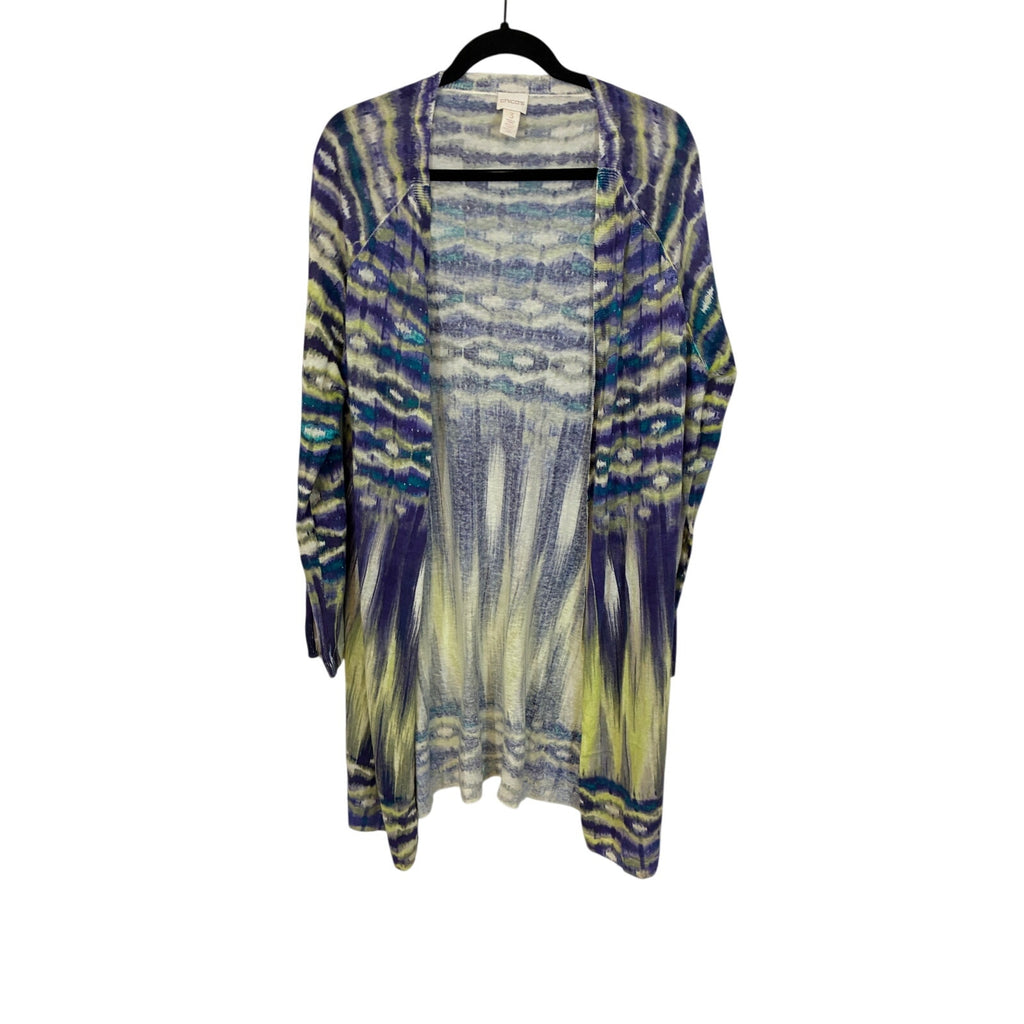 Chico's Linen Blend Ikat Long Duster Cardigan Green Purple Sweater Size 3 XL