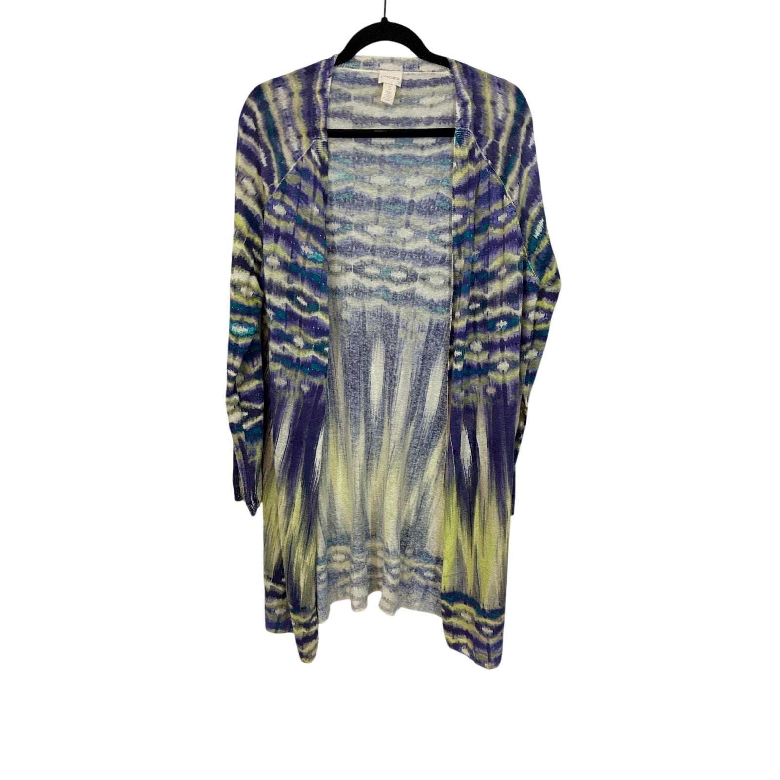 Chico's Linen Blend Ikat Long Duster Cardigan Green Purple Sweater Size 3 XL
