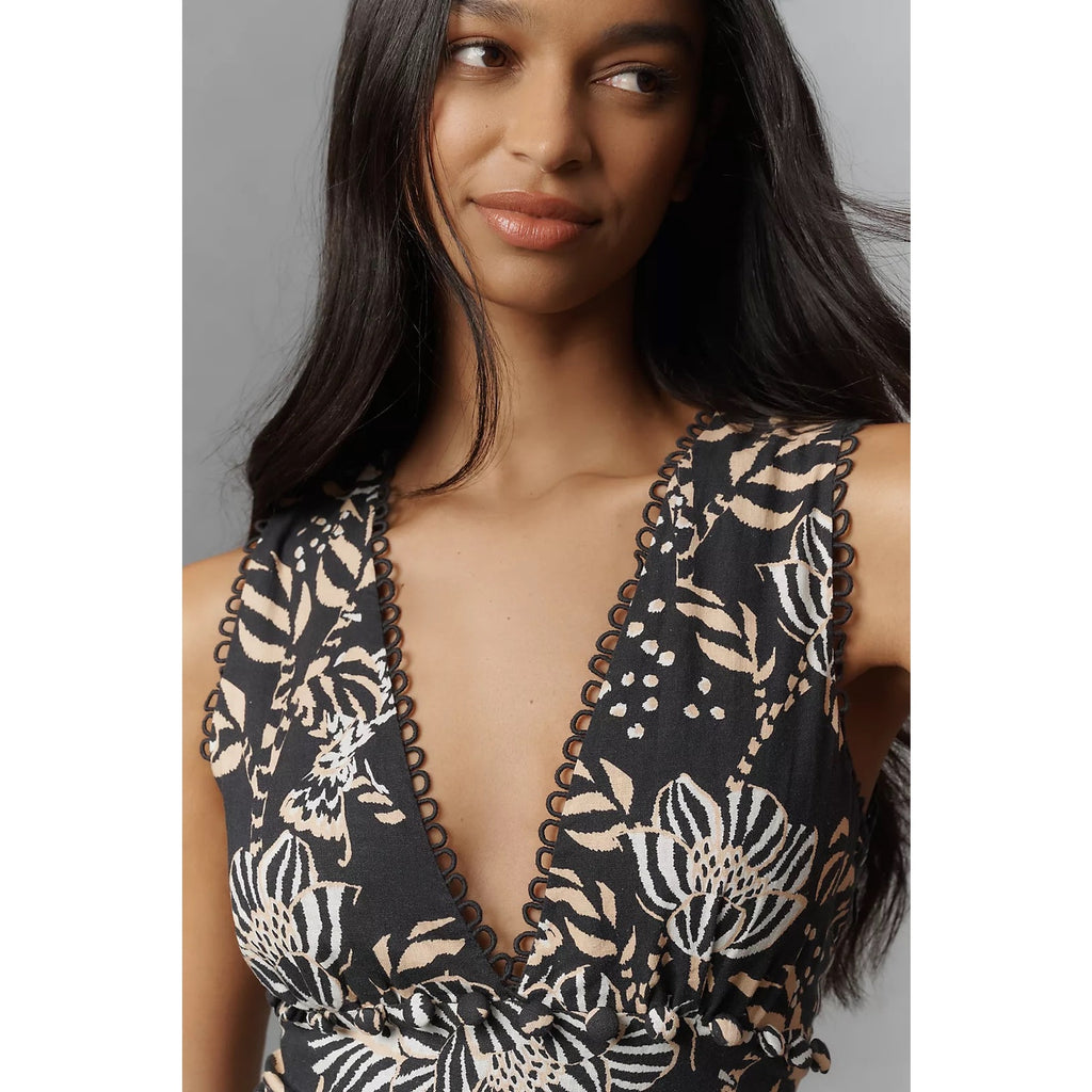 NWT Farm Rio x Anthropologie Printed V-Neck Jumpsuit Black Floral Boho Western S