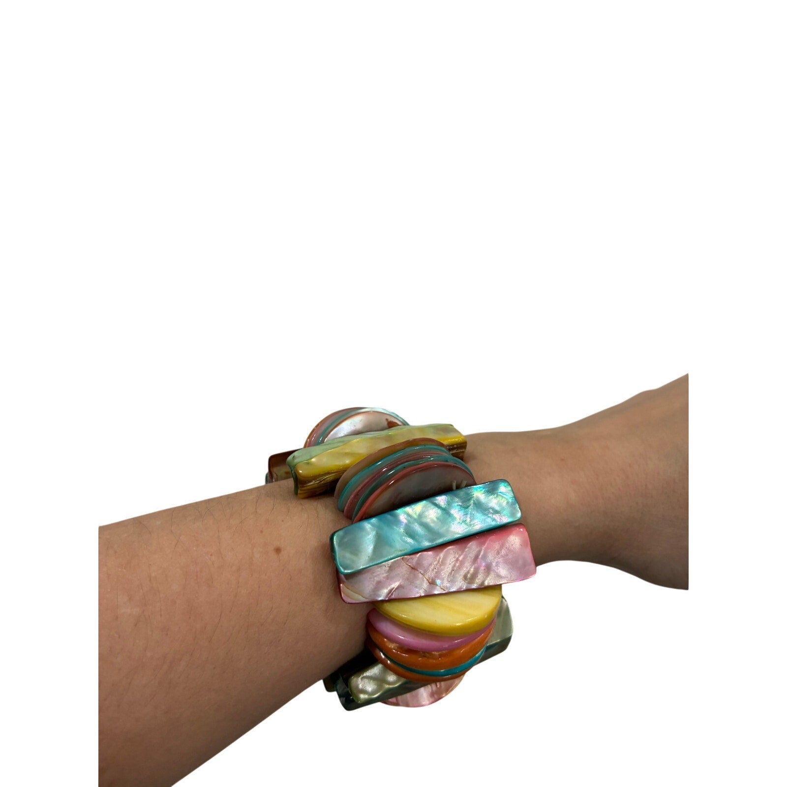 Beaded Mother of Pearl Stretch Bracelet Rainbow Faux Stone One Size Stretchy