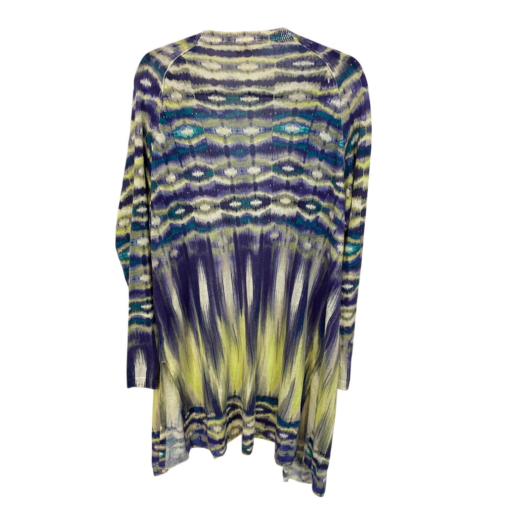 Chico's Linen Blend Ikat Long Duster Cardigan Green Purple Sweater Size 3 XL
