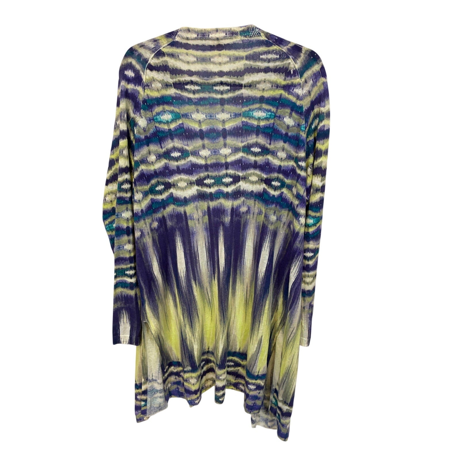 Chico's Linen Blend Ikat Long Duster Cardigan Green Purple Sweater Size 3 XL