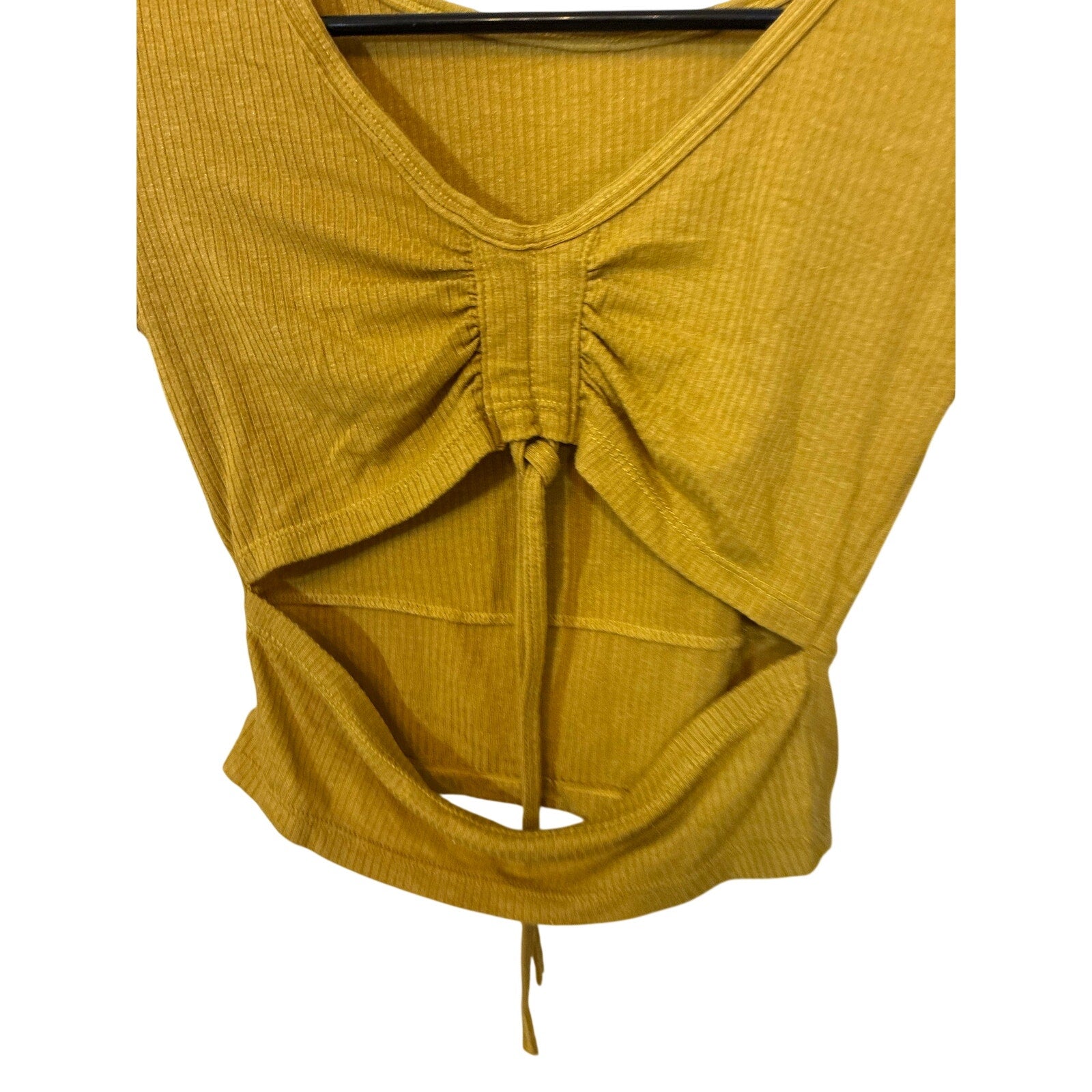 Olive Mustard Ribbed Knit Cutout Crop Top Ruched Front Small Concert Festival
