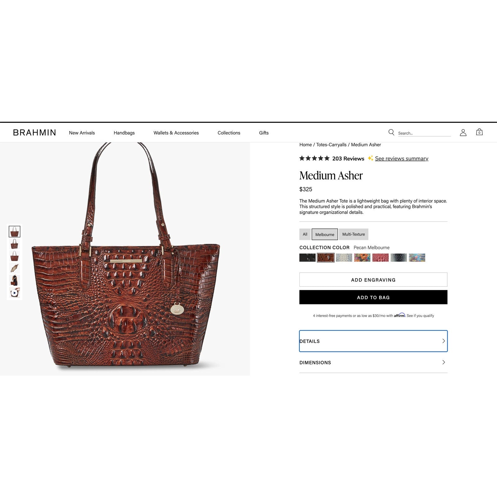 Brahmin Coquette Pecan Melbourne Croc Embossed Leather Medium Asher Tote Bag EUC
