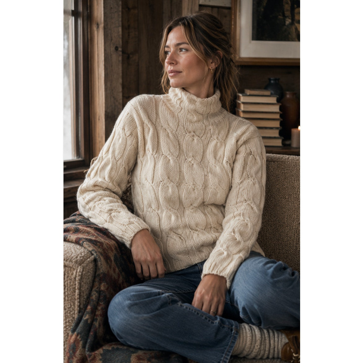Eddie Bauer Vintage Fisherman Ribbed Lambswool Cream ModestTurtleneck SZ L