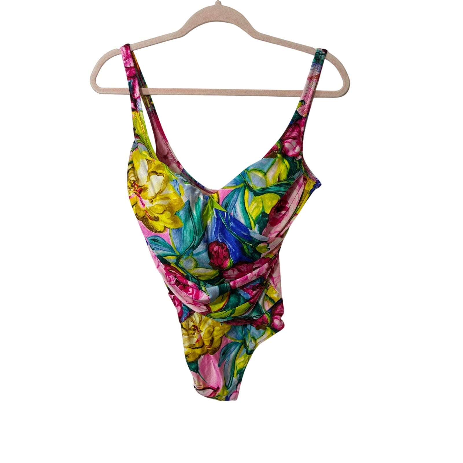 Vintage Gottex Floral Ruched One Piece Swimsuit Tropical Watercolor Maillot M